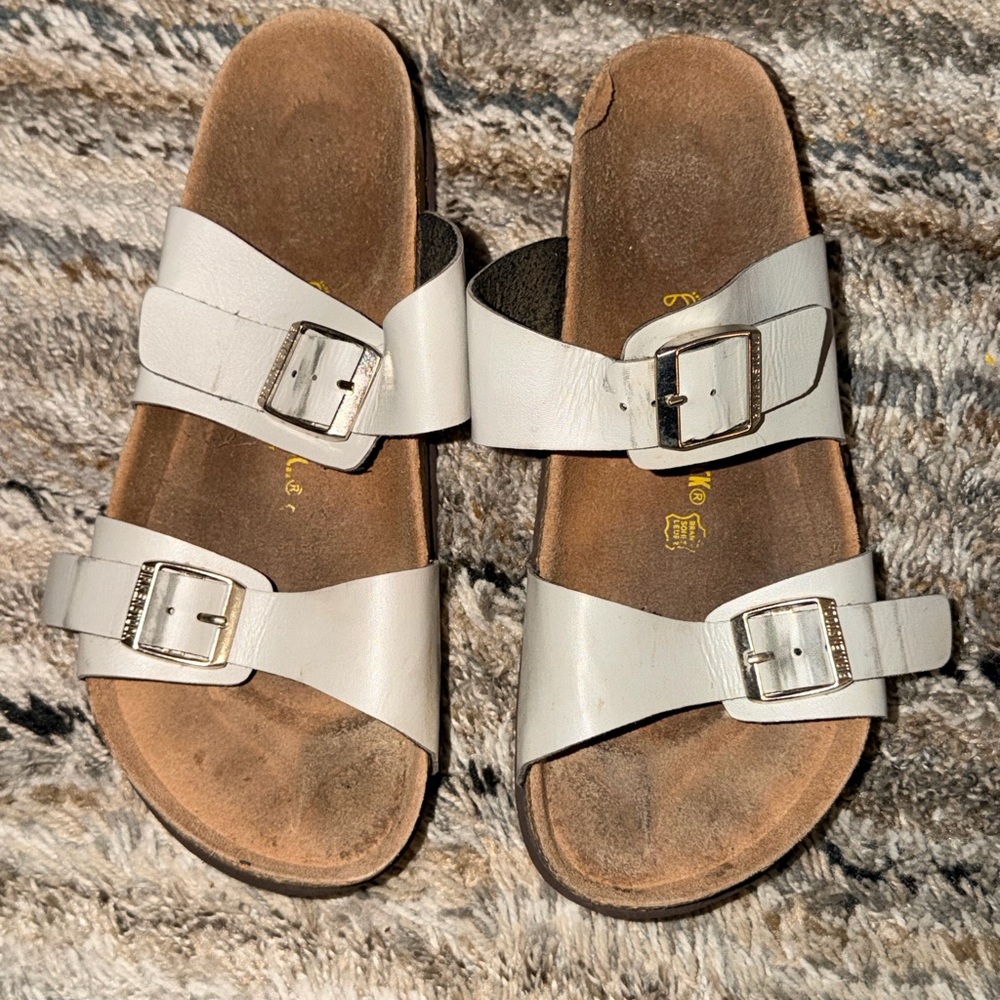 Birkenstock Gray Leather  Double-Buckle Slide Sandals 39